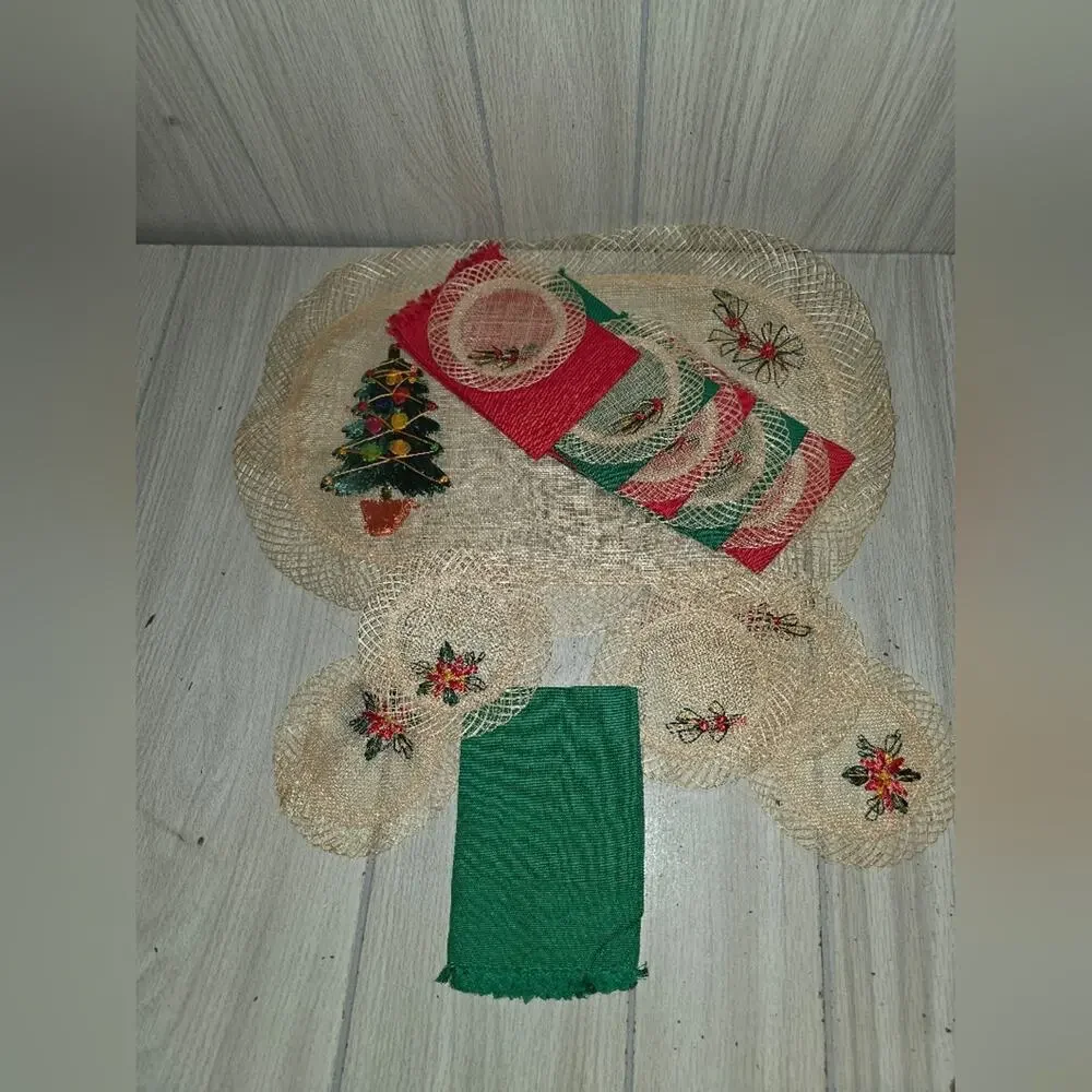 Vtg Christmas Tree Woven Raffia Oval Placemats Coasters Napkins Holiday Boho